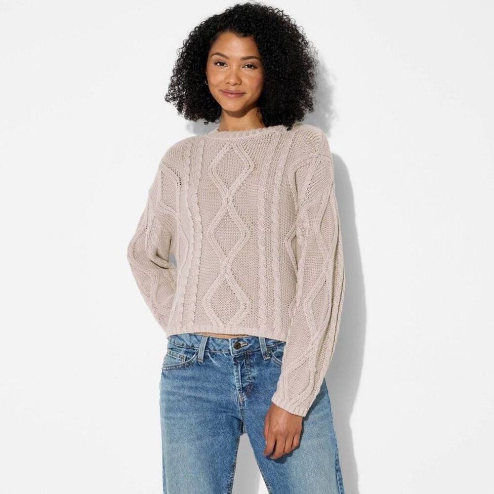 Women's Crewneck Cotton Cable Pullover Sweater - Wild Fable Gray M